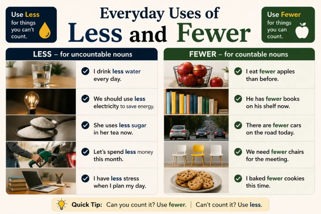 Everyday Uses of Less and Fewer
